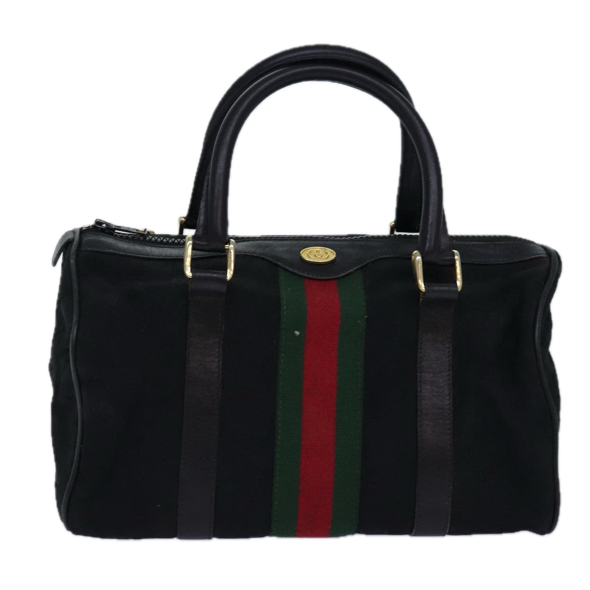 GUCCI GG Canvas Web Sherry Line Boston Bag Black Red Gold 010 378 Auth 84562