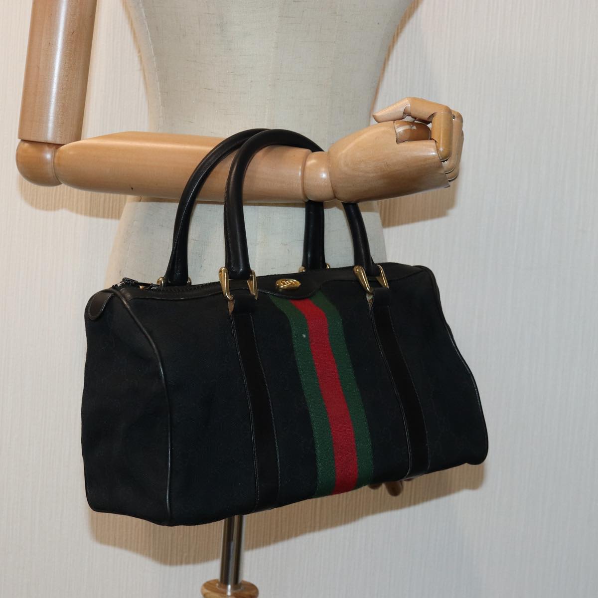 GUCCI GG Canvas Web Sherry Line Boston Bag Black Red Gold 010 378 Auth 84562