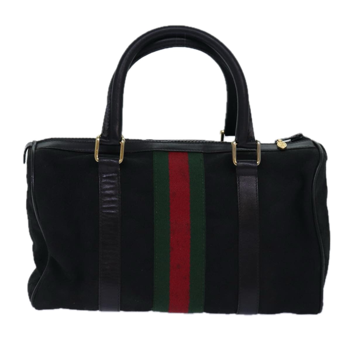 GUCCI GG Canvas Web Sherry Line Boston Bag Black Red Gold 010 378 Auth 84562 - 0