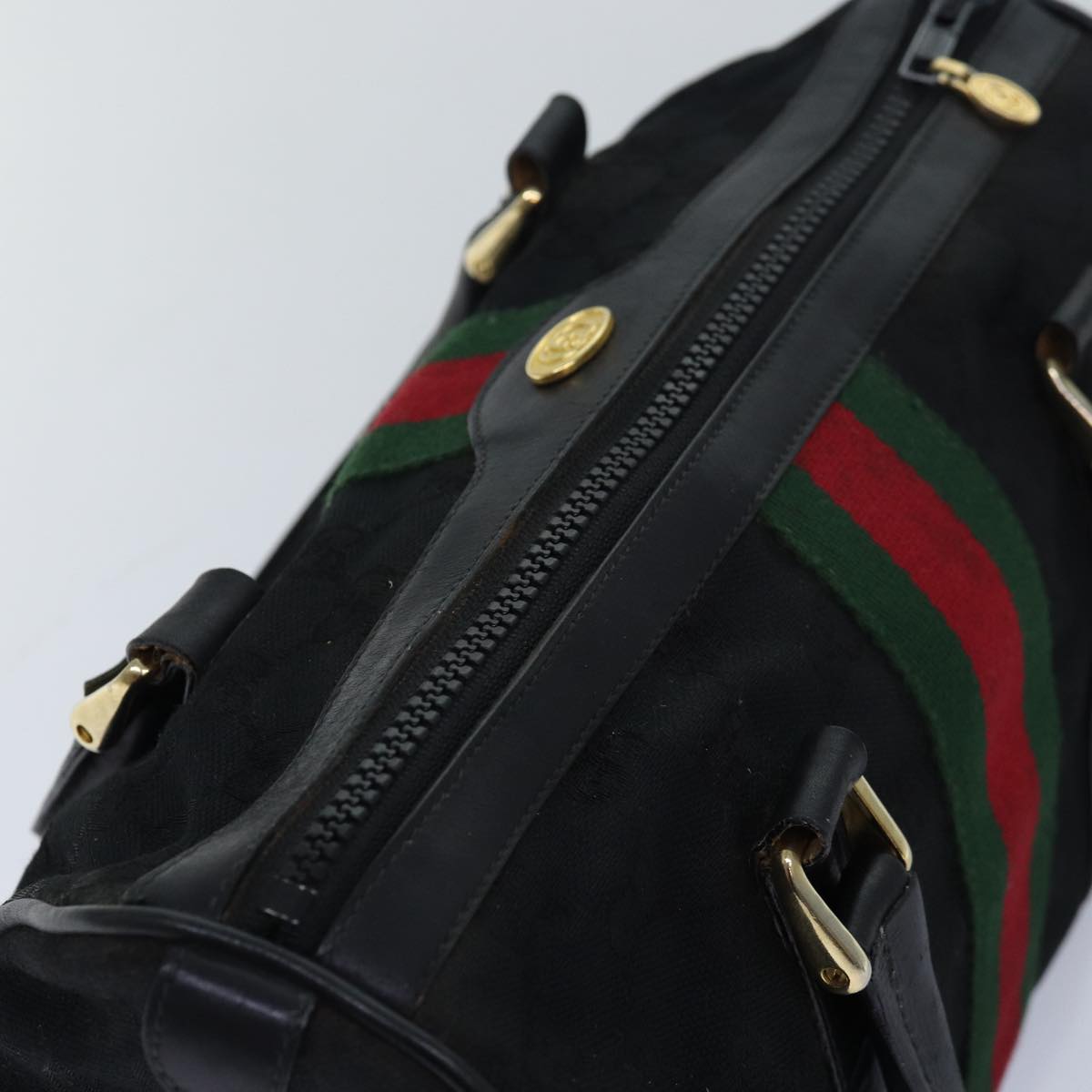 GUCCI GG Canvas Web Sherry Line Boston Bag Black Red Gold 010 378 Auth 84562