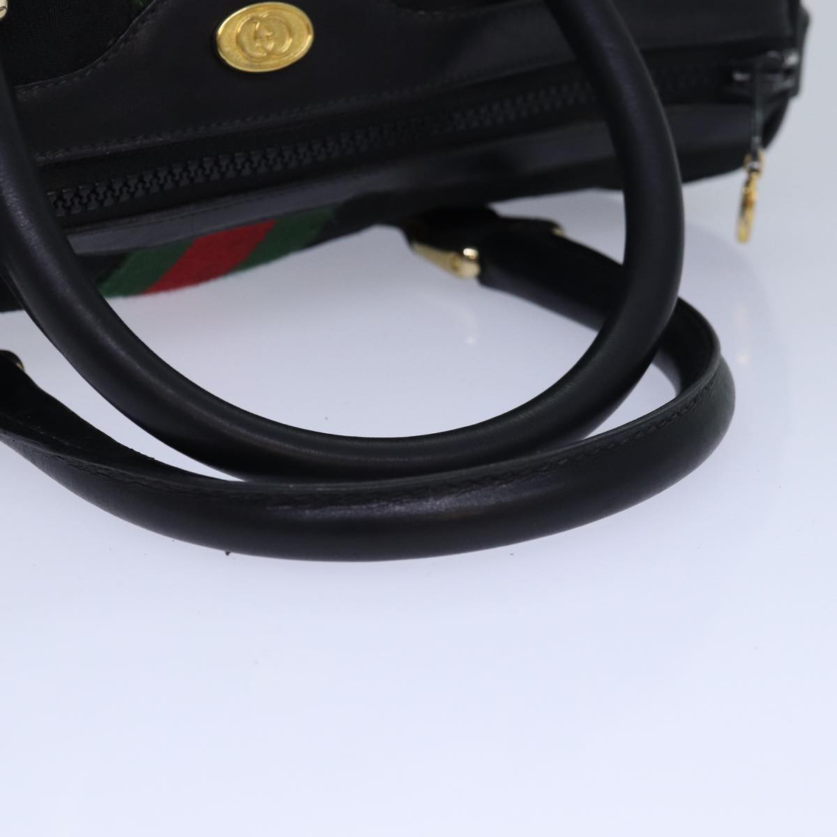 GUCCI GG Canvas Web Sherry Line Boston Bag Black Red Gold 010 378 Auth 84562