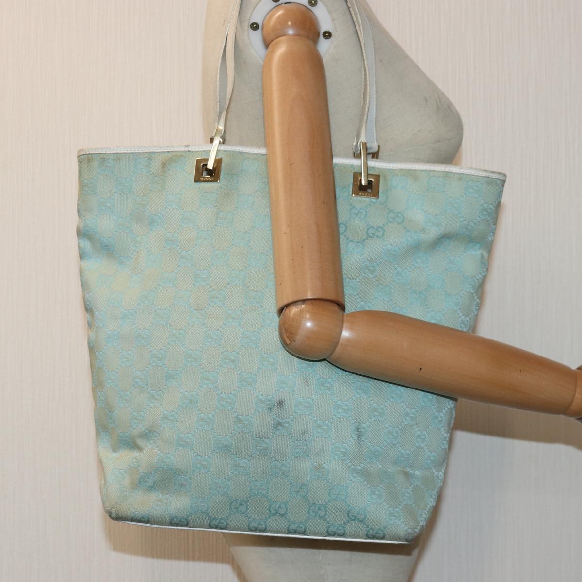 GUCCI GG Canvas Tote Bag Light Blue White gold 002 1098 Auth 84563