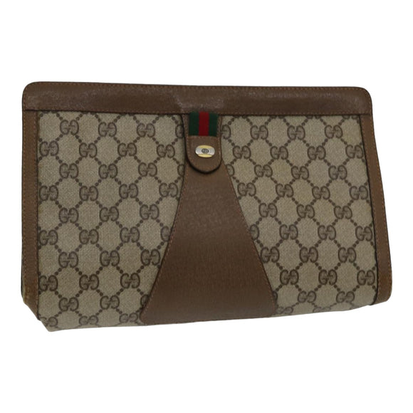 GUCCI GG Supreme Web Sherry Line Clutchtasche PVC Leder Beige Rot Auth 84566