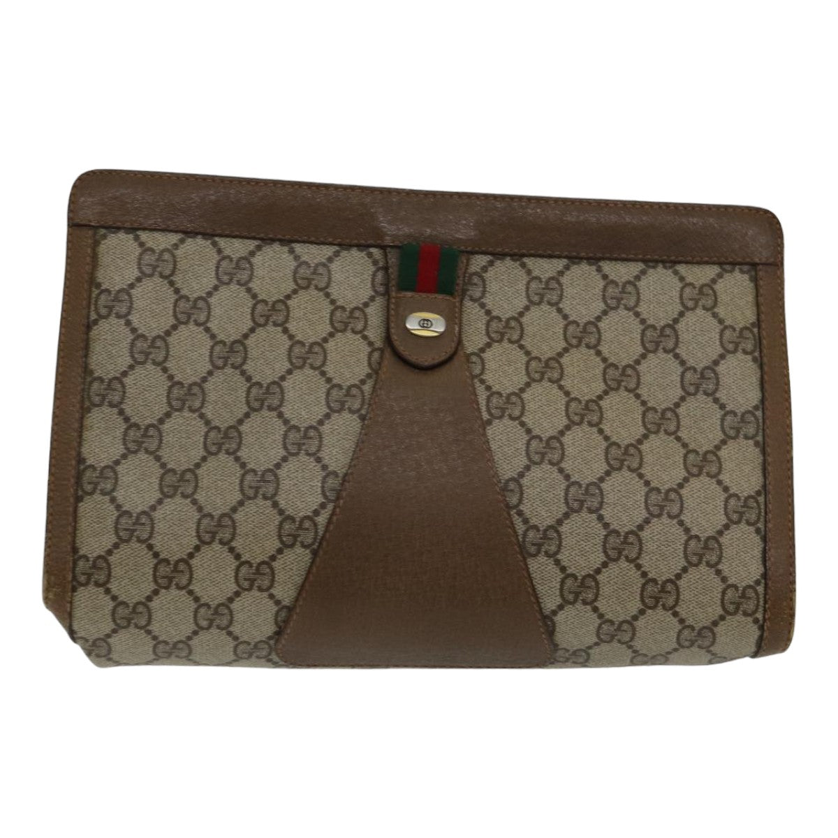 GUCCI GG Supreme Web Sherry Line Clutch Bag PVC Leather Beige Red Auth 84566