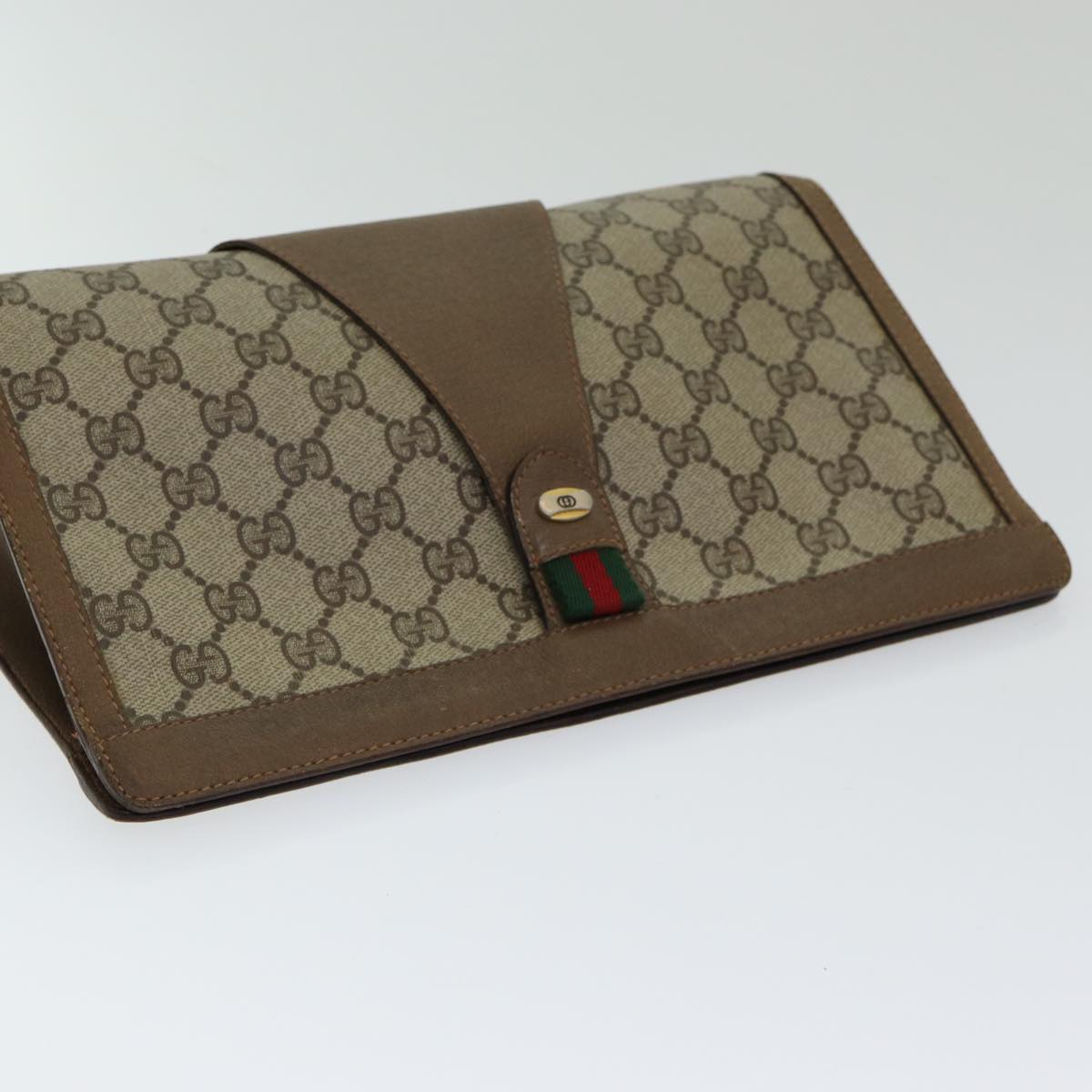 GUCCI GG Supreme Web Sherry Line Clutch Bag PVC Leather Beige Red Auth 84566