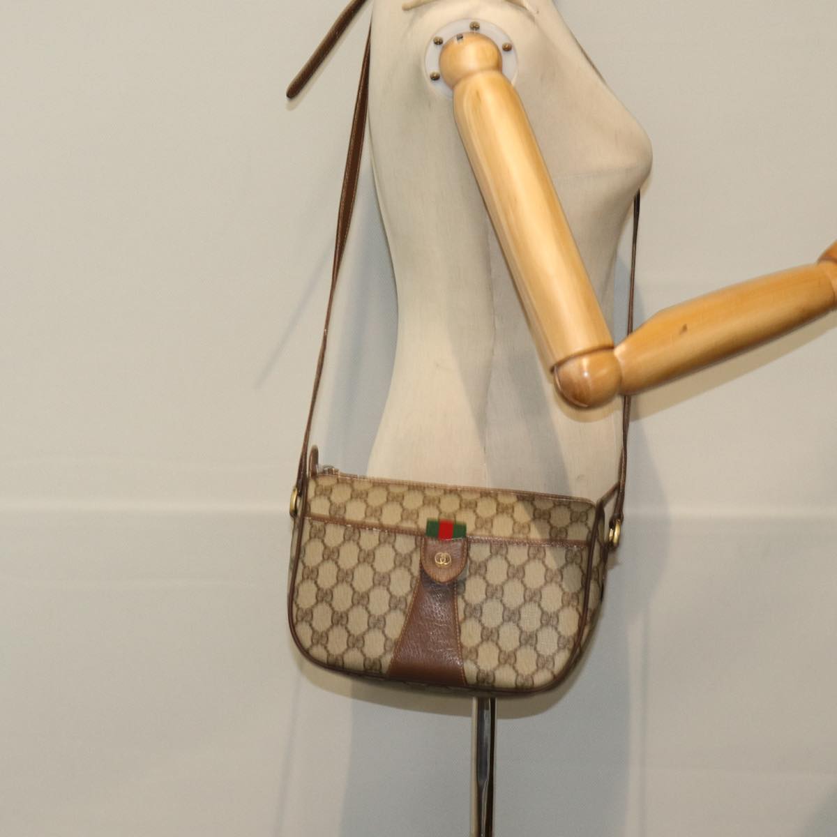 GUCCI GG Supreme Web Sherry Line Shoulder Bag PVC Beige 001 754 6177 Auth 84567