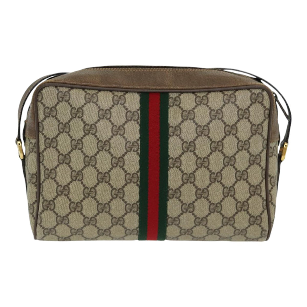 GUCCI GG Supreme Web Sherry Line Shoulder Bag PVC Leather Beige gold Auth 84568