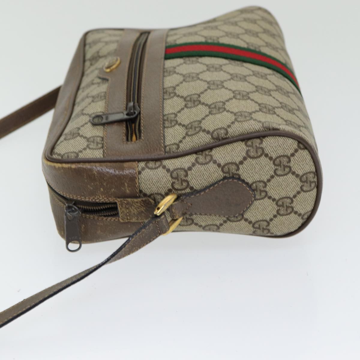 GUCCI GG Supreme Web Sherry Line Shoulder Bag PVC Leather Beige gold Auth 84568