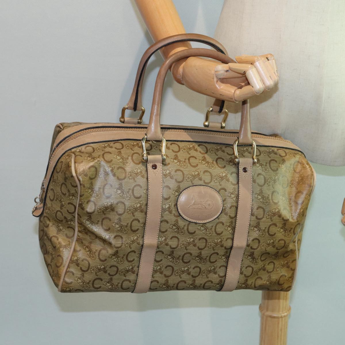 CELINE C Macadam Canvas Boston Bag Beige Auth 84602