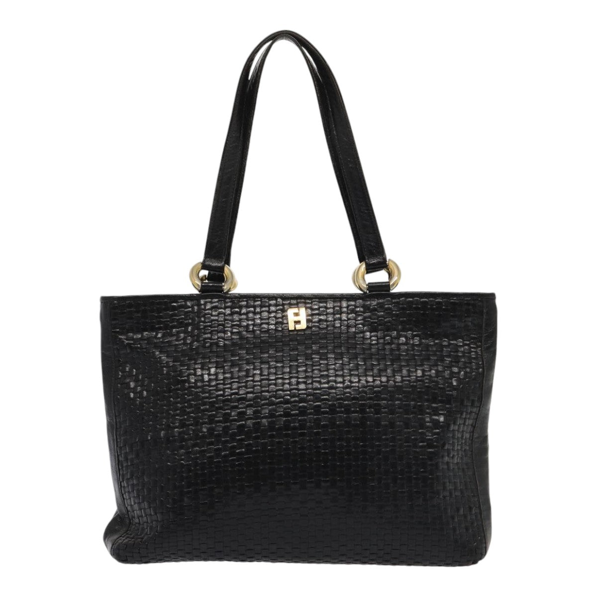 FENDI Tote Bag Leather Black Gold Auth 84621