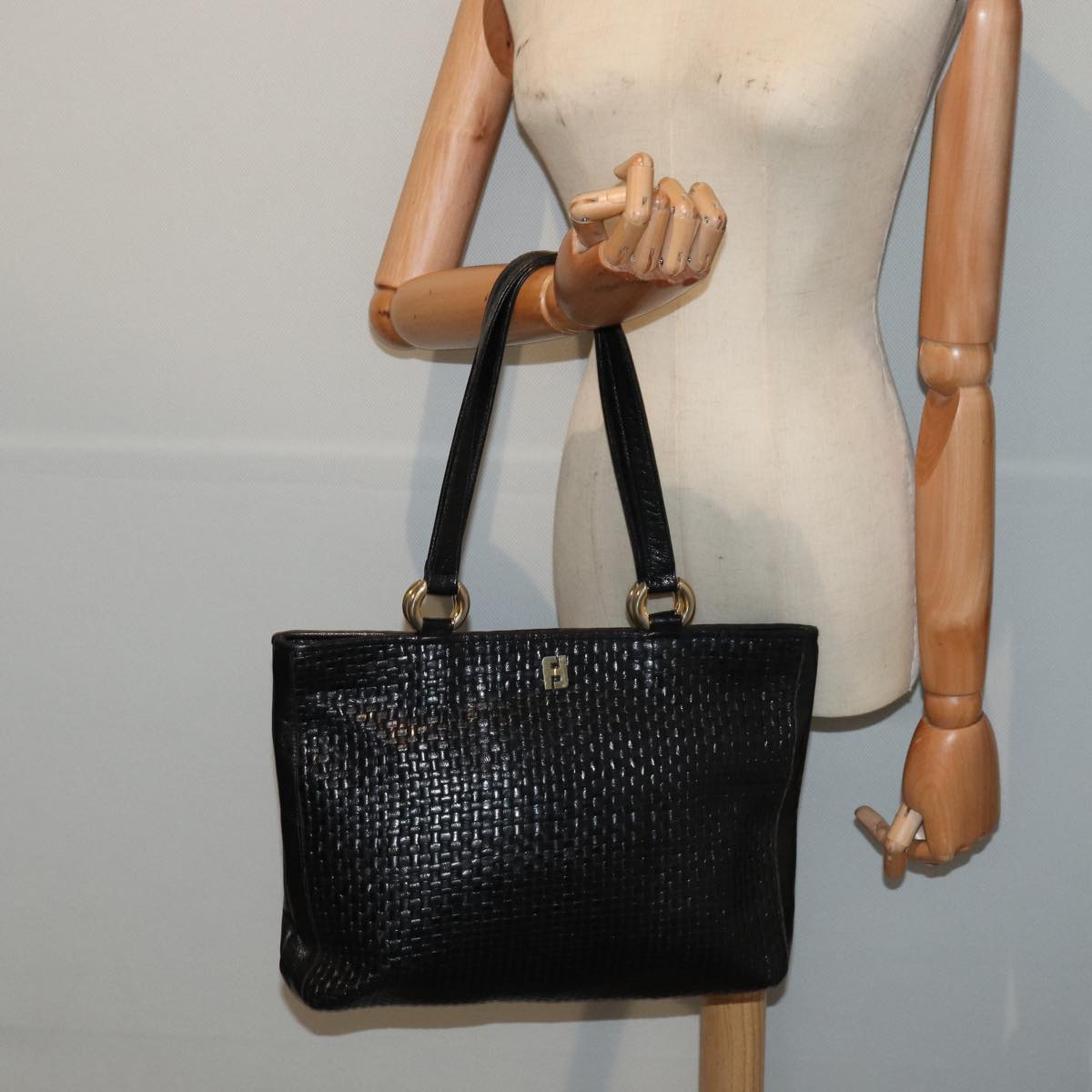 FENDI Tote Bag Leather Black Gold Auth 84621