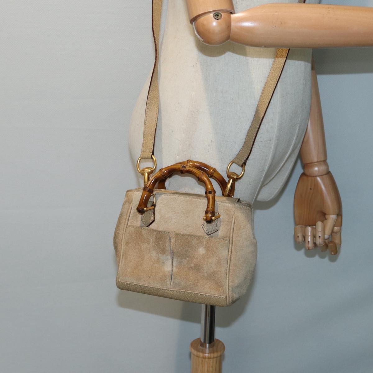 GUCCI Bamboo Hand Bag Suede 2way Beige Gold 007 1793 0238 Auth 84637