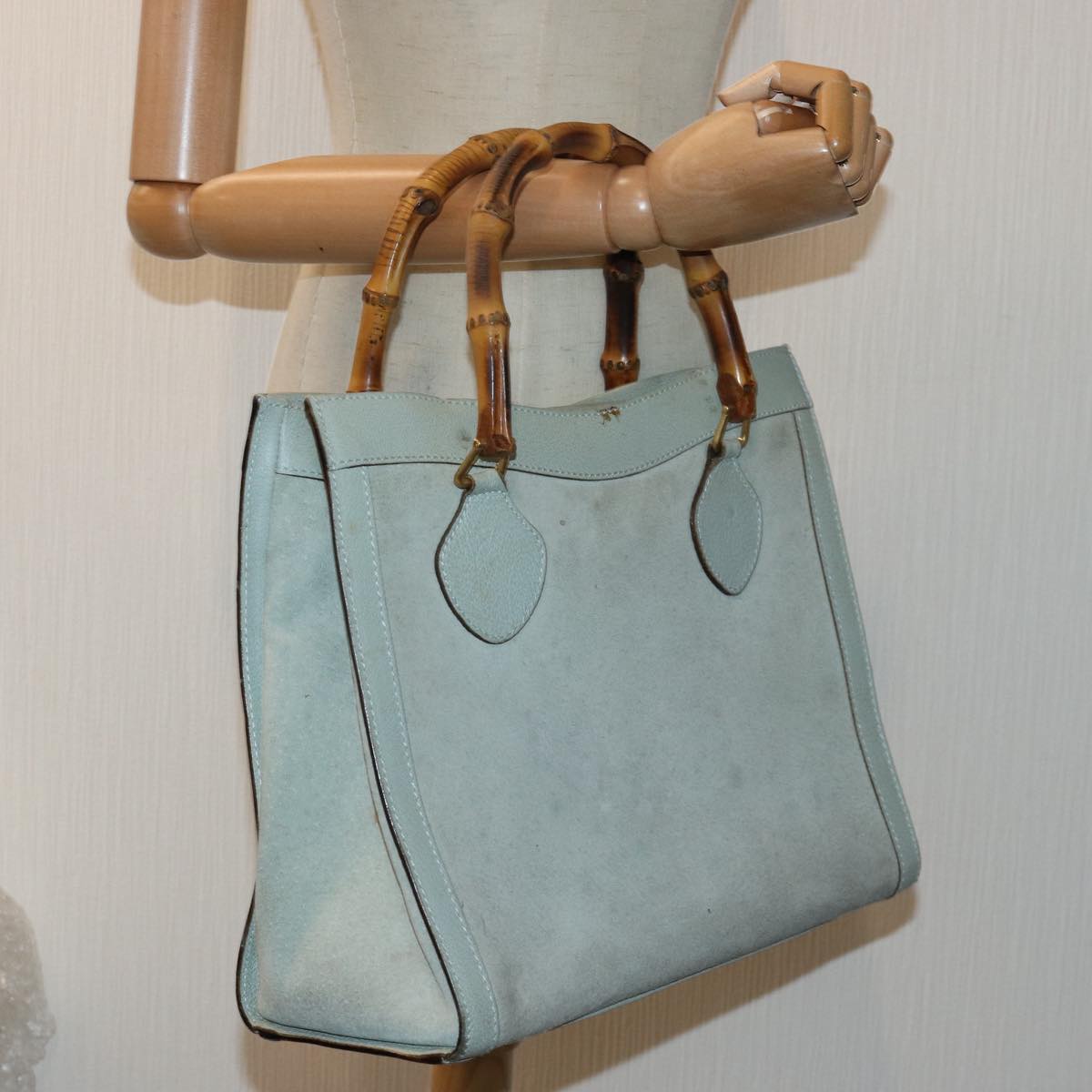 GUCCI Bamboo Hand Bag Suede Light Blue Gold 002 123 0260 Auth 84671