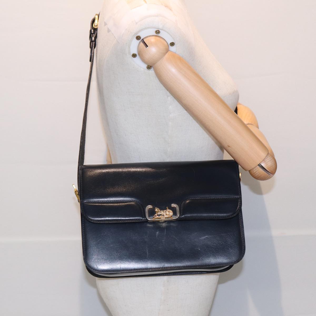 CELINE Shoulder Bag Leather Navy Auth 84758