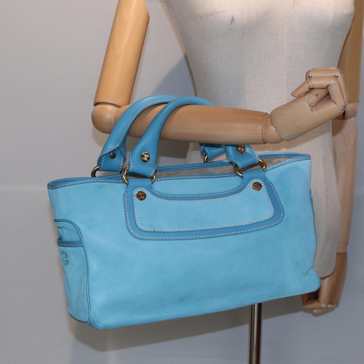 CELINE Hand Bag Suede Blue Auth 84759