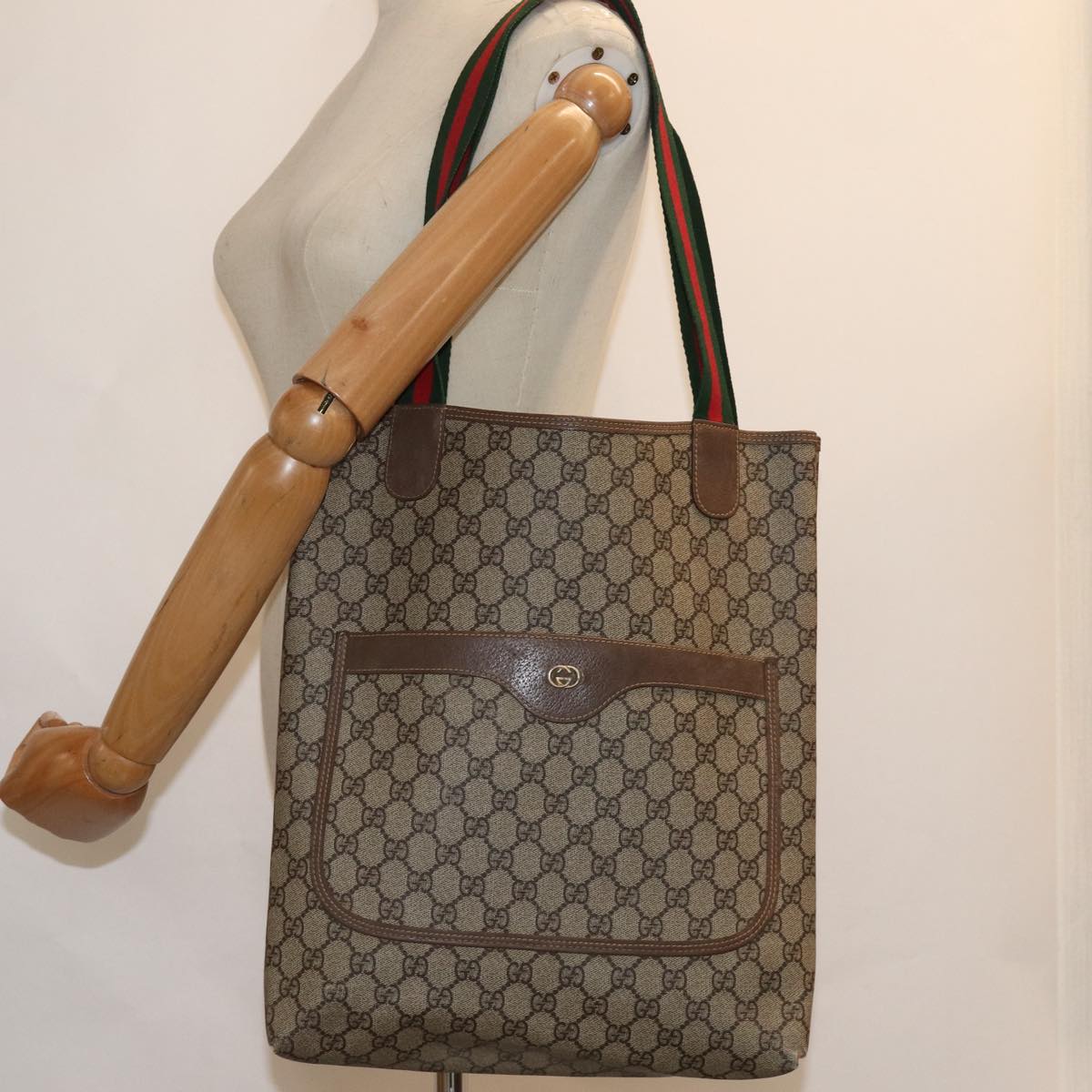 GUCCI GG Supreme Web Sherry Line Tote Bag PVC Beige 002 58 6487 4023 Auth 84768