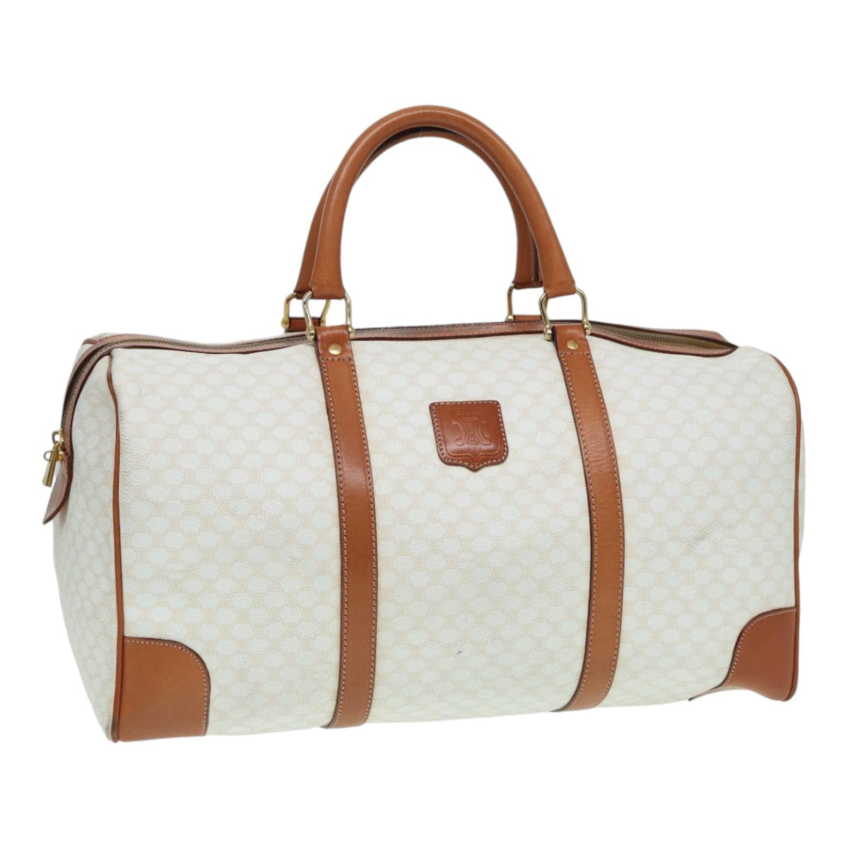 CELINE Macadam Canvas Boston Bag PVC Leather White Auth 84769