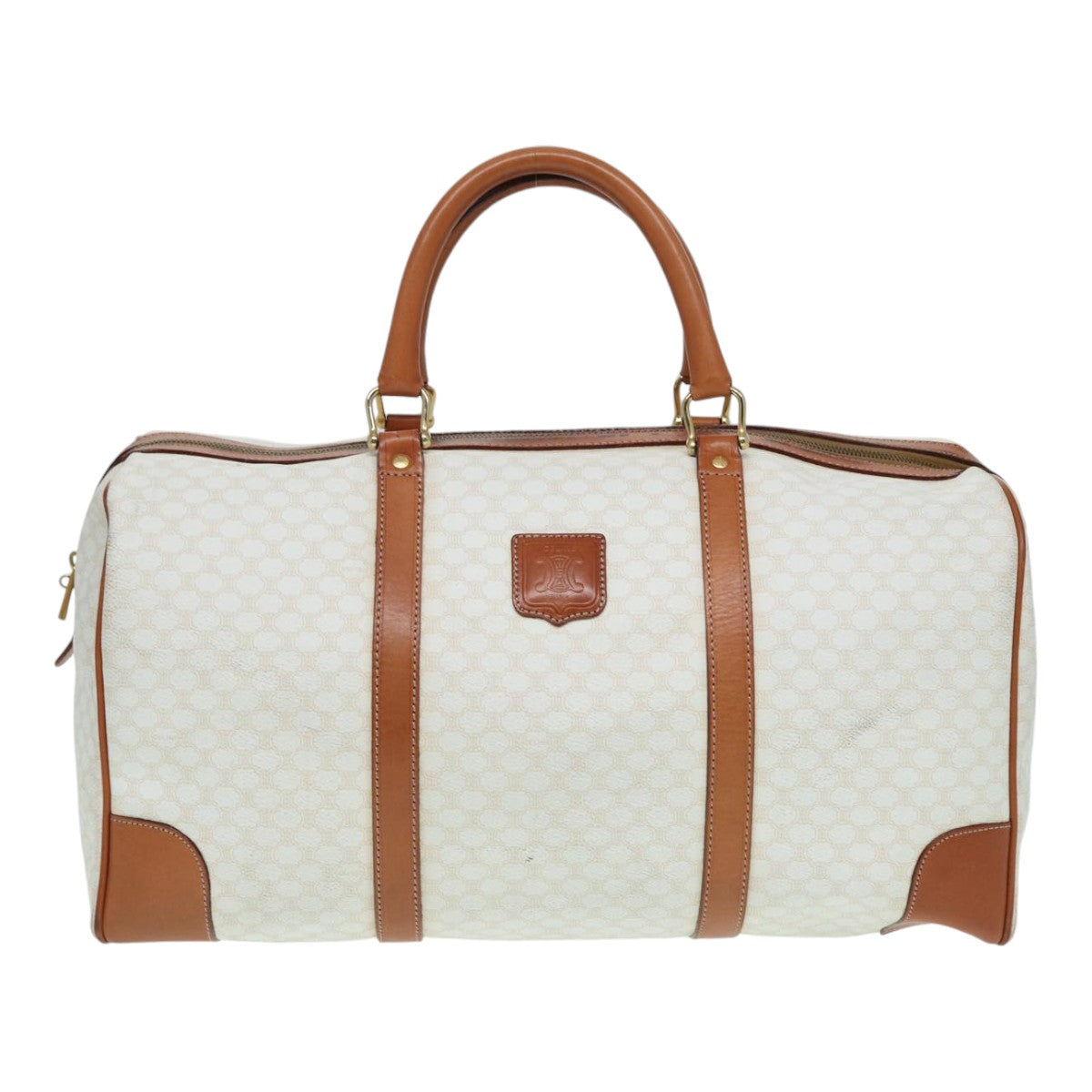 CELINE Macadam Canvas Boston Bag PVC Leather White Auth 84769