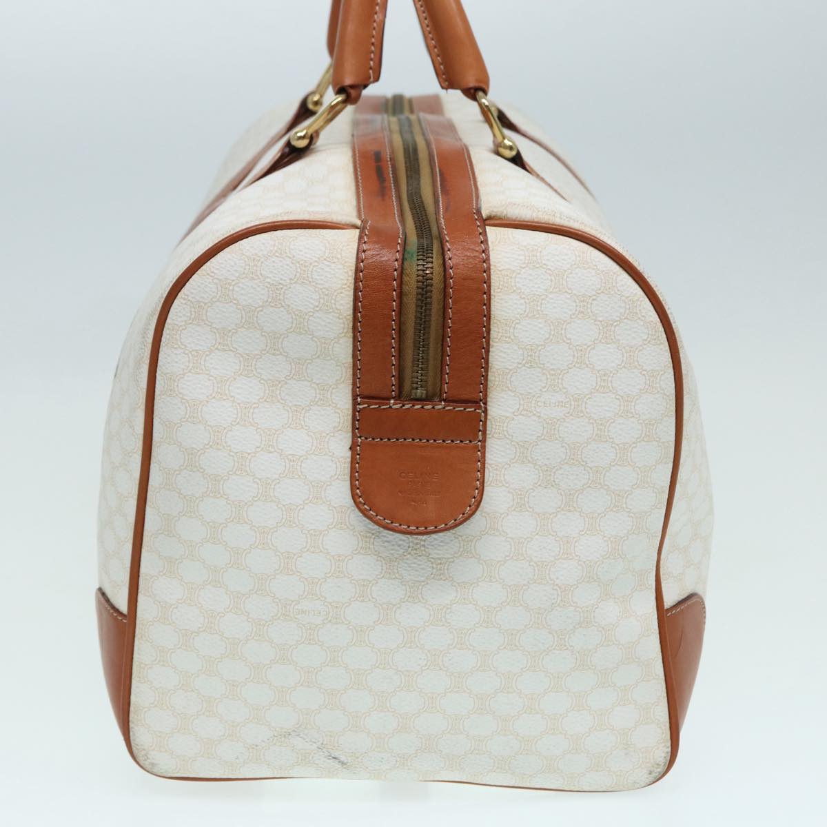 CELINE Macadam Canvas Boston Bag PVC Leather White Auth 84769