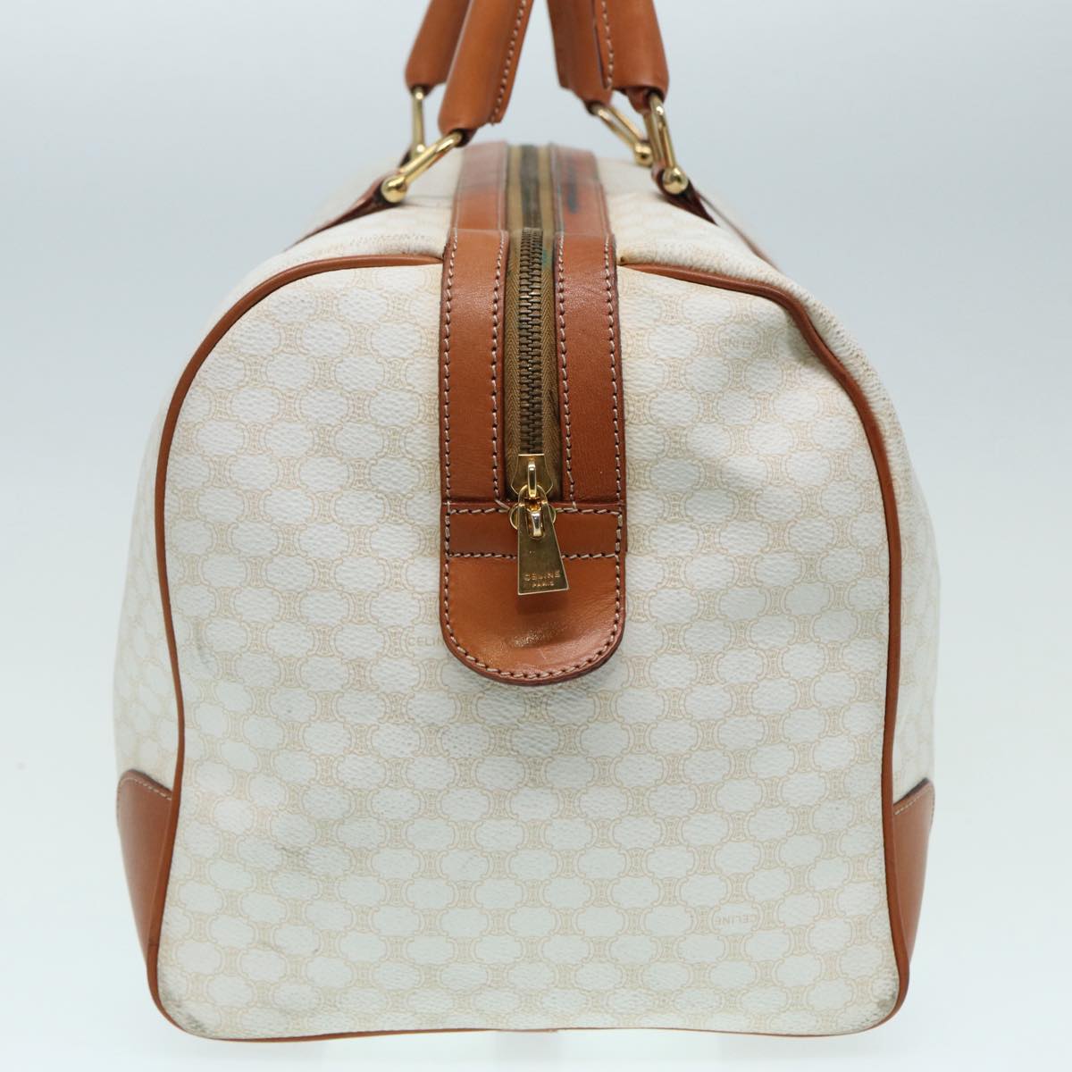 CELINE Macadam Canvas Boston Bag PVC Leather White Auth 84769