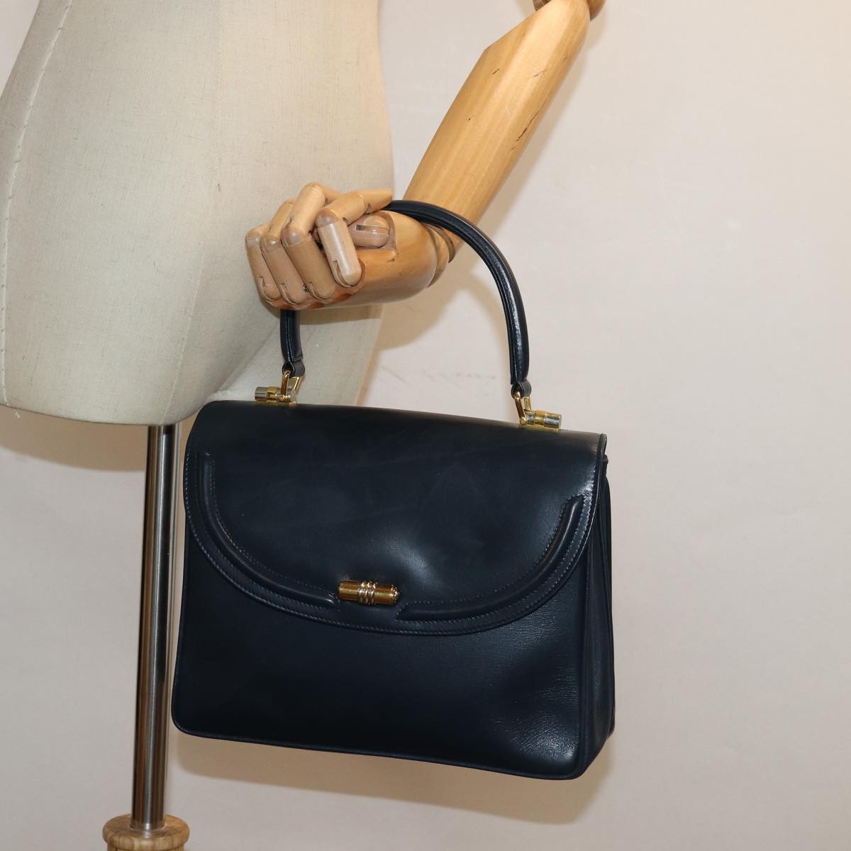 GUCCI Hand Bag Leather Navy Auth 84810