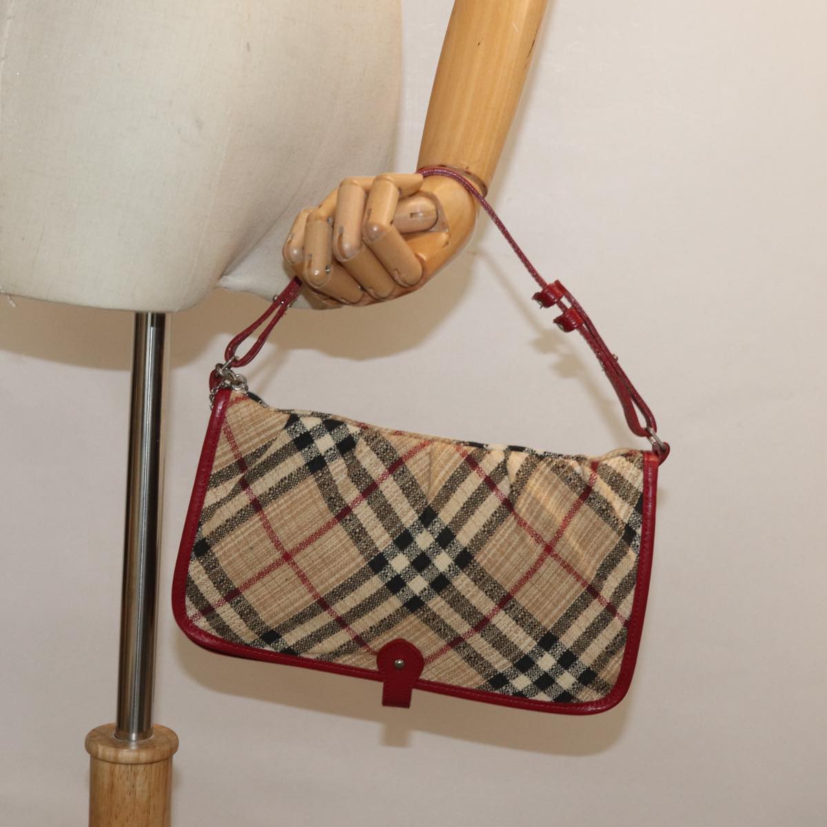 BURBERRY Nova Check Hand Bag Canvas Beige Red Auth 84823