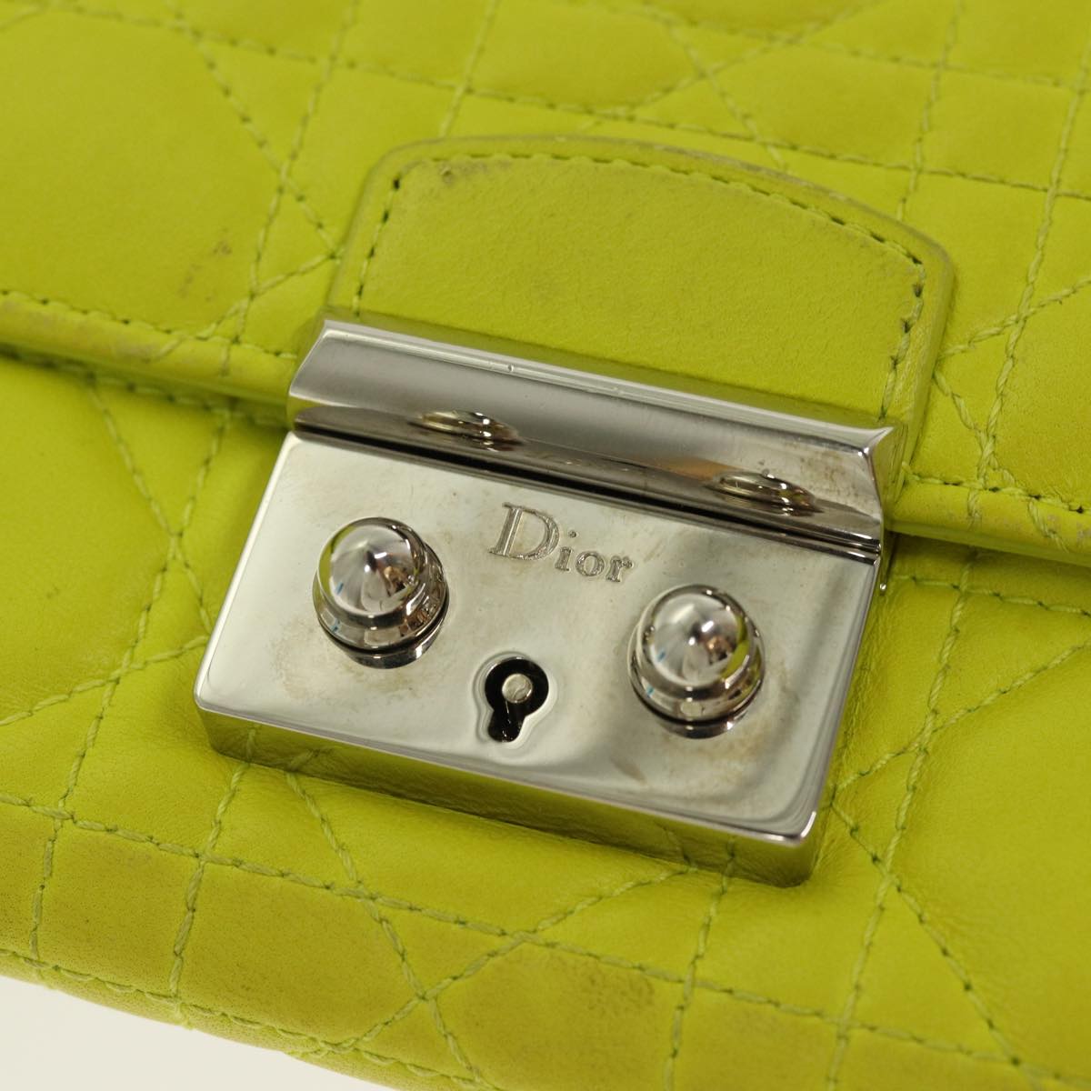 Christian Dior Chain Canage Wallet Leather Yellow Silver Auth 84830