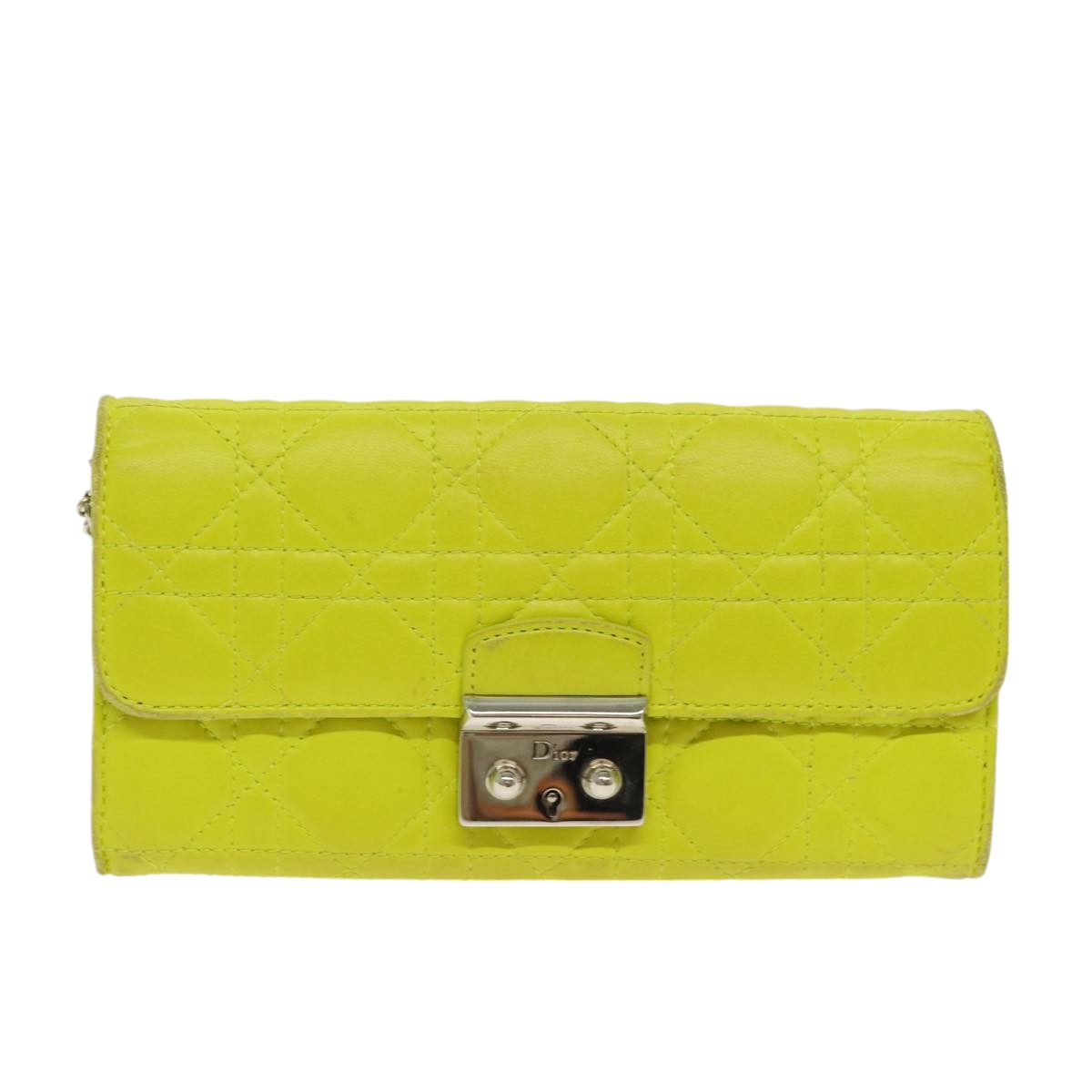 Christian Dior Chain Canage Wallet Leather Yellow Silver Auth 84830