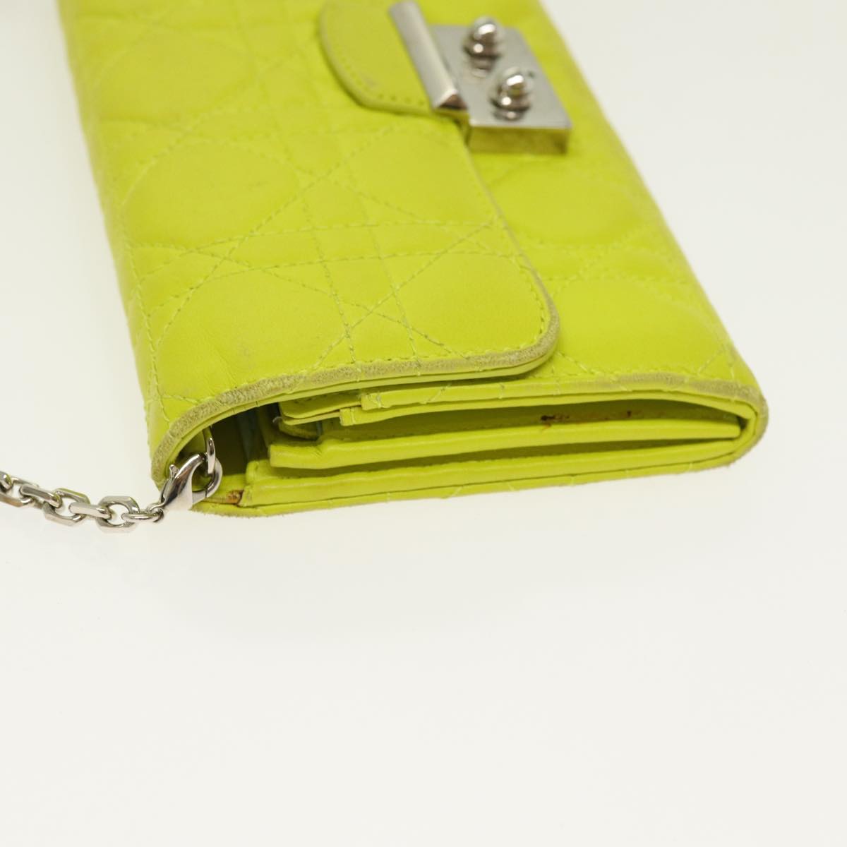 Christian Dior Chain Canage Wallet Leather Yellow Silver Auth 84830