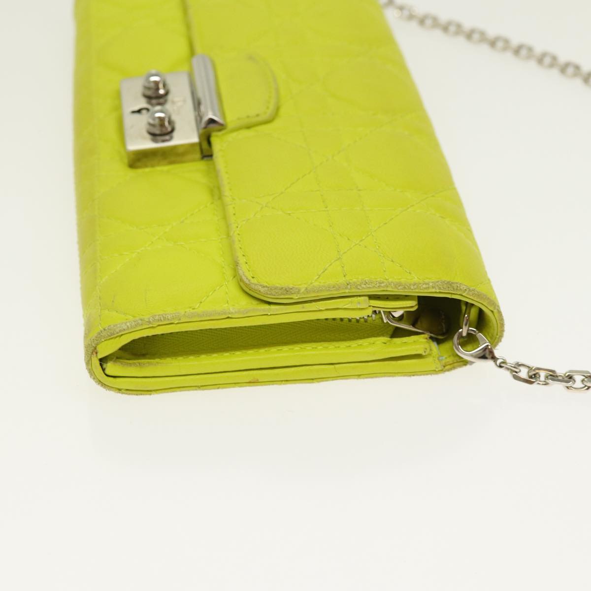 Christian Dior Chain Canage Wallet Leather Yellow Silver Auth 84830