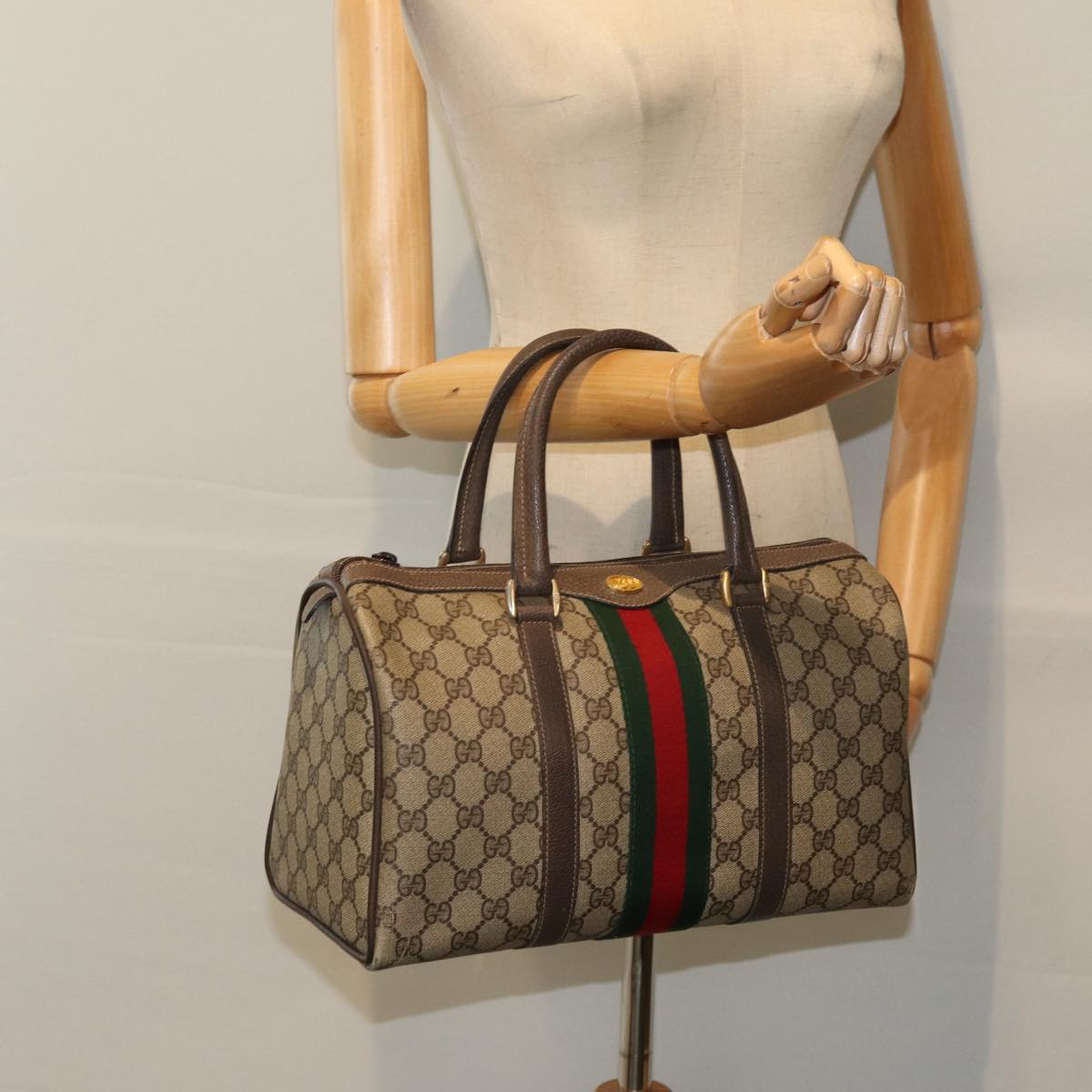 GUCCI GG Supreme Web Sherry Line Boston Bag PVC Beige Red 40 02 007 Auth 84924