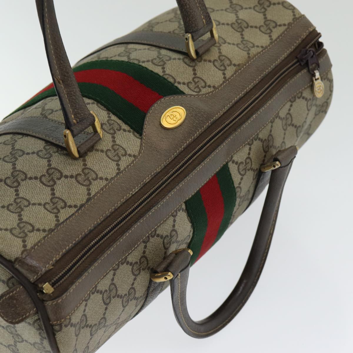 GUCCI GG Supreme Web Sherry Line Boston Bag PVC Beige Red 40 02 007 Auth 84924