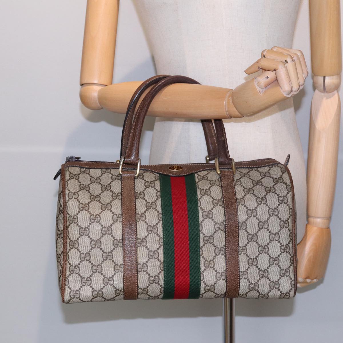 GUCCI GG Supreme Web Sherry Line Boston Bag PVC Beige 012 3842 33 39 Auth 84925