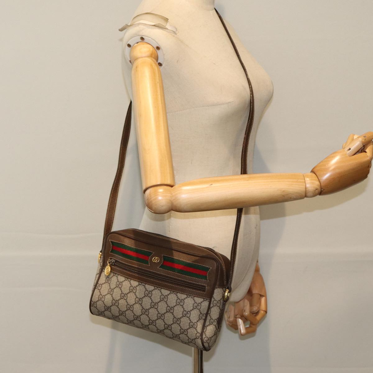 GUCCI GG Supreme Web Sherry Line Shoulder Bag PVC Beige Red Green Auth 84928