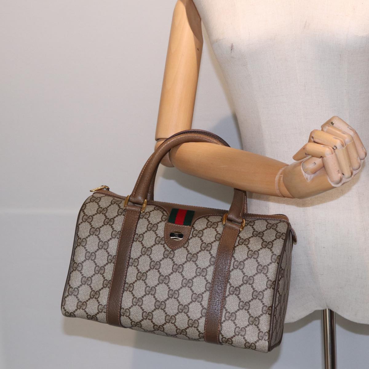 GUCCI GG Supreme Web Sherry Line Boston Bag PVC Beige Red 40 02 006 Auth 84929