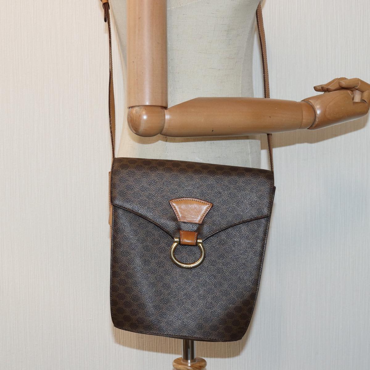 CELINE Macadam Canvas Shoulder Bag PVC Leather Brown Auth 84933