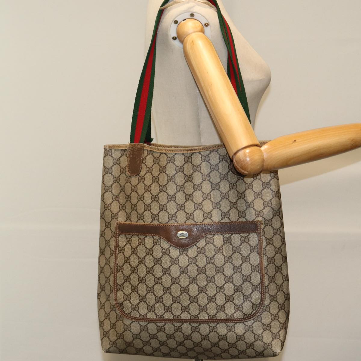 GUCCI GG Supreme Web Sherry Line Tote Bag PVC Leather Beige 39 02 003 Auth 84942