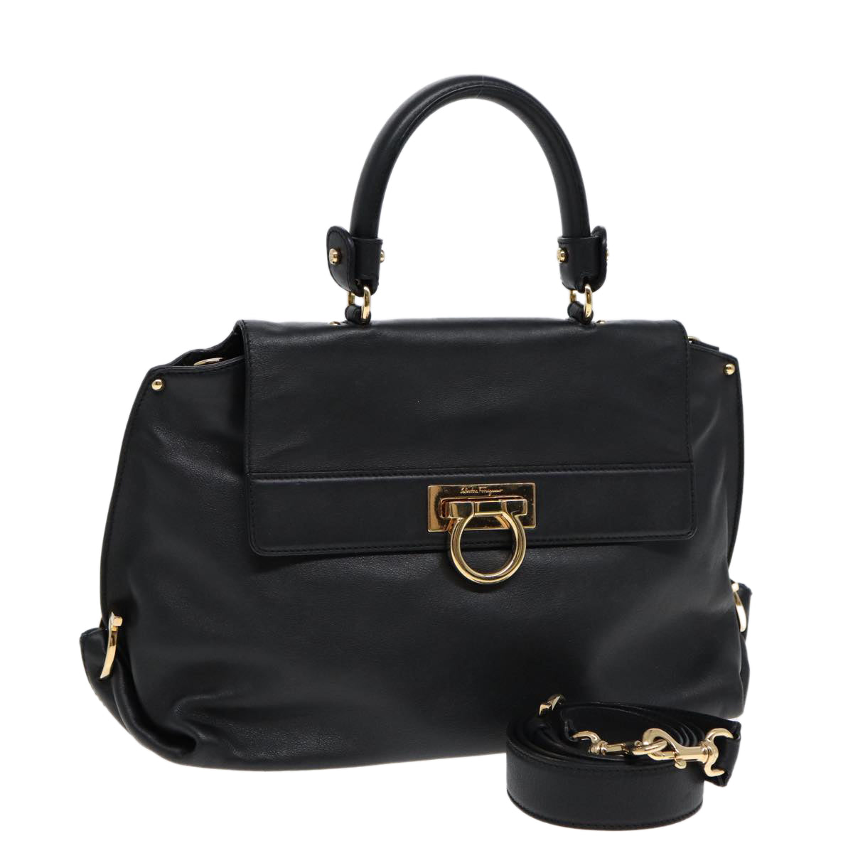 Salvatore Ferragamo Gancini Sofia Hand Bag Leather 2way Black Auth 84948