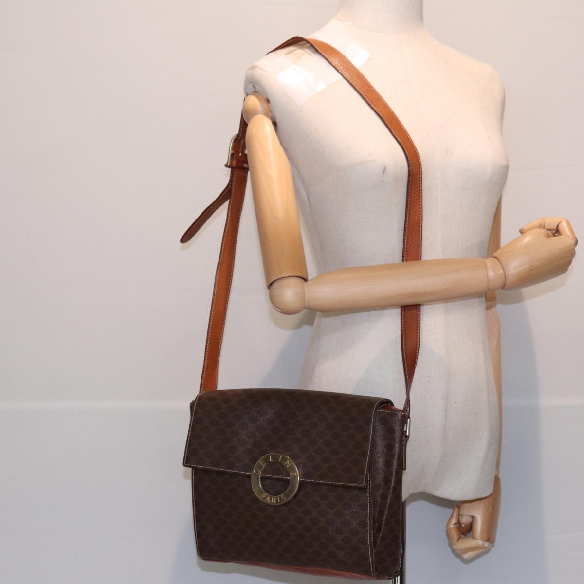 CELINE Macadam Canvas Shoulder Bag PVC Leather Brown Auth 85007