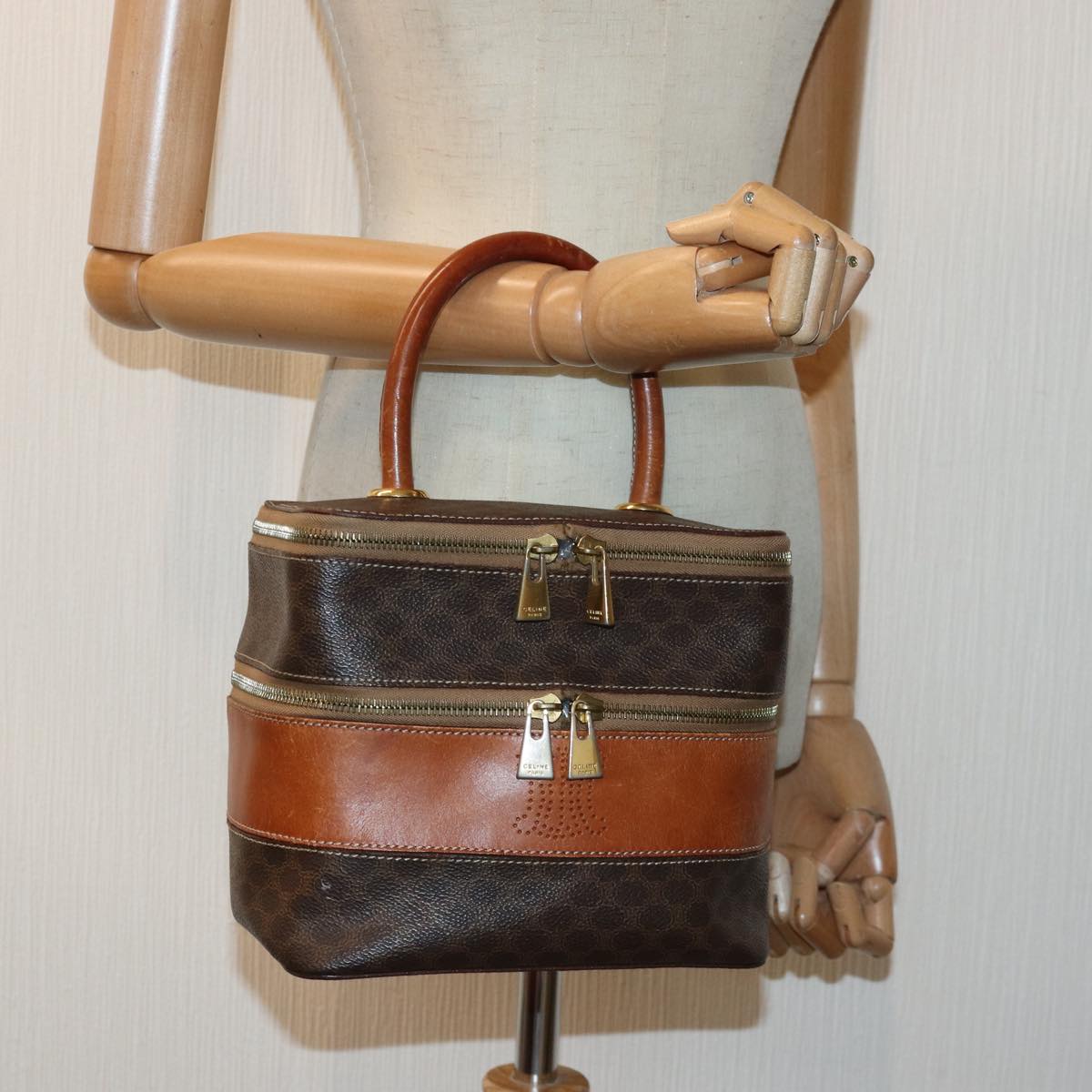 CELINE Macadam Canvas Vanity Hand Bag PVC Brown Auth 85009