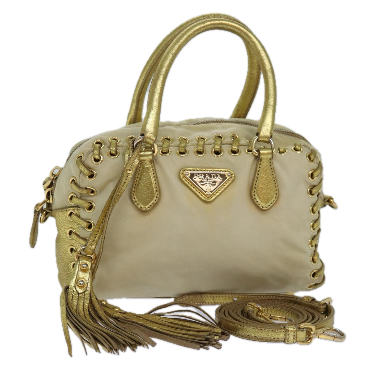 PRADA Hand Bag Nylon 2way Beige Gold Auth 85102