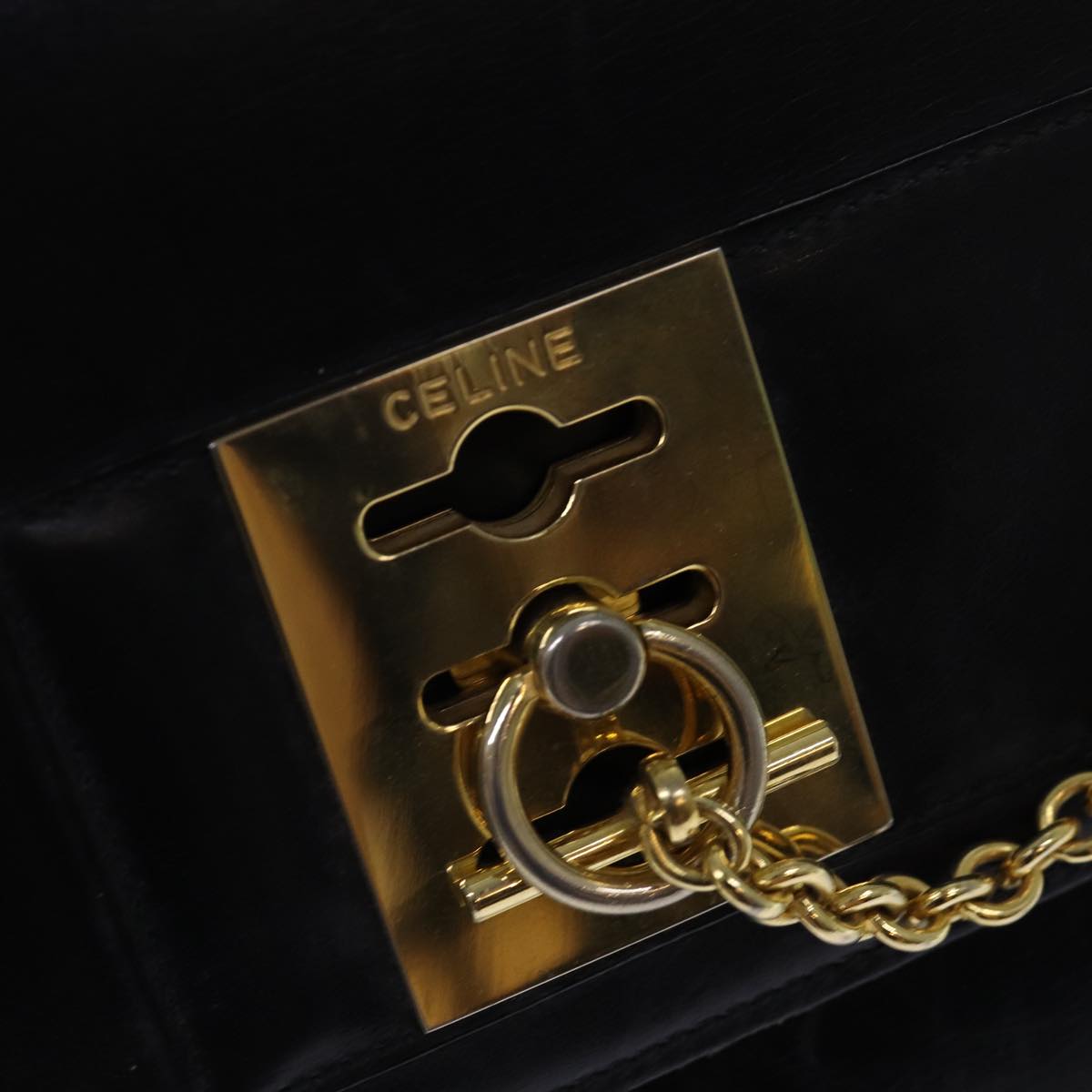 CELINE Hand Bag Leather Black Gold Auth 85104