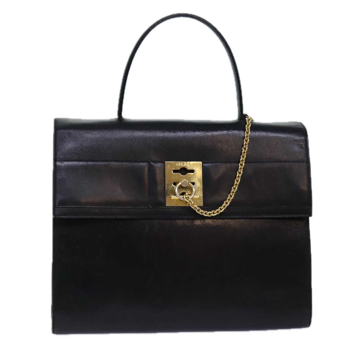 CELINE Hand Bag Leather Black Gold Auth 85104