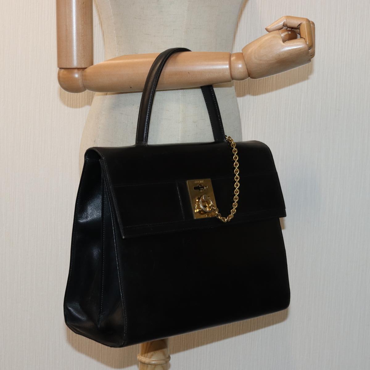 CELINE Hand Bag Leather Black Gold Auth 85104