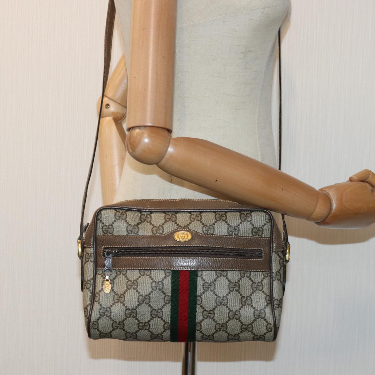 GUCCI GG Supreme Web Sherry Line Shoulder Bag PVC Beig gold Auth 85109