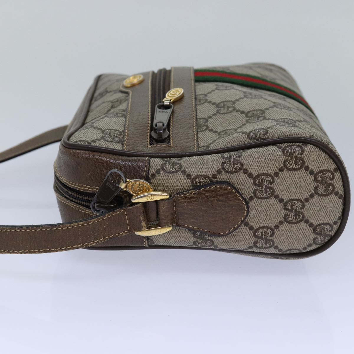 GUCCI GG Supreme Web Sherry Line Shoulder Bag PVC Beig gold Auth 85109