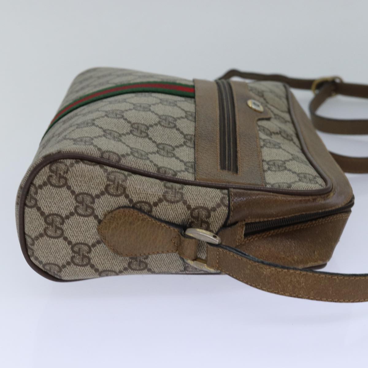 GUCCI GG Supreme Web Sherry Line Shoulder Bag PVC Beige Gold Auth 85110