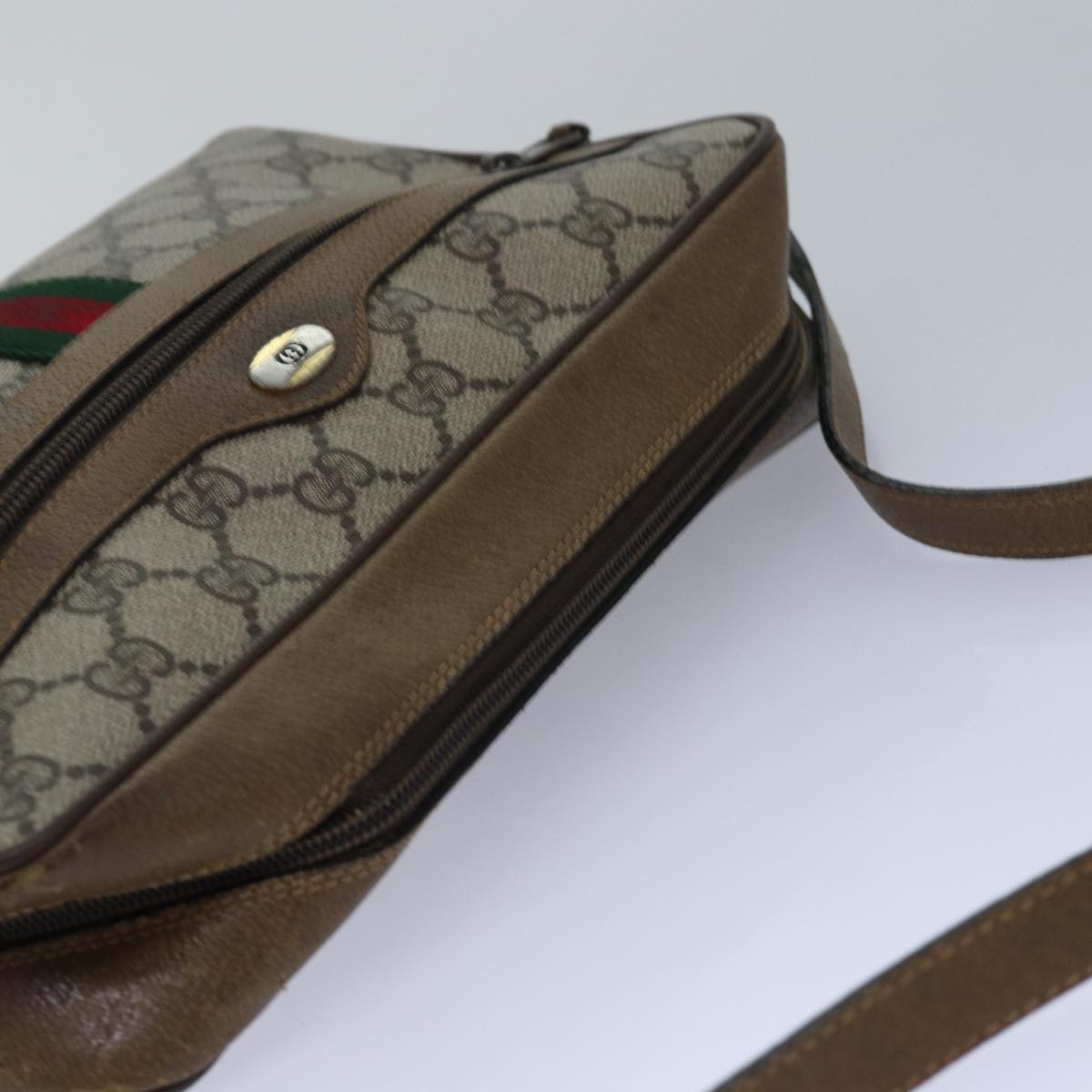 GUCCI GG Supreme Web Sherry Line Shoulder Bag PVC Beige Gold Auth 85110