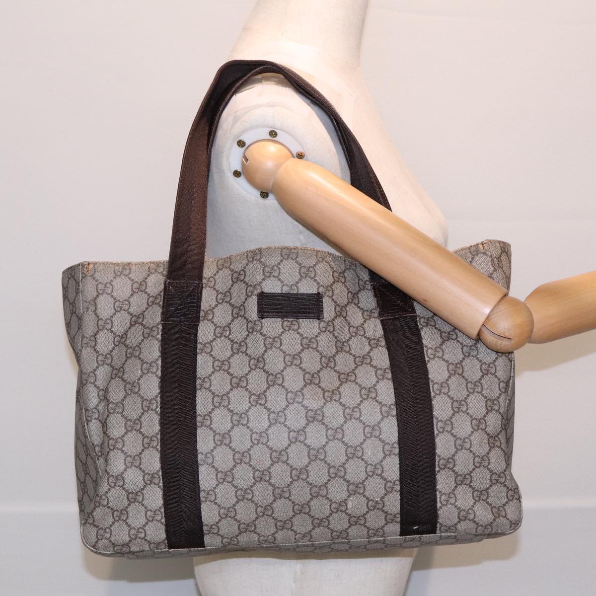 GUCCI GG Spleen Web Sherry Line Tote Bag PVC Leather Beige Red 141624 Auth 85128