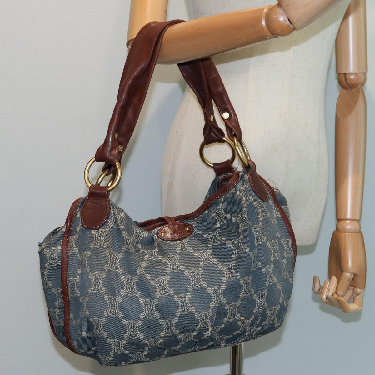 CELINE Macadam Canvas Shoulder Bag Denim Blue Auth 85140